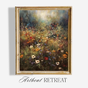 Wildflower Field Landscape Digital Oil Painting - Printable Vintage Farmhouse & Country Field Art, Digital Downloadable Art
