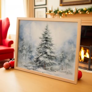 Winter Wonderland Landscape Artwork, Winter Snow Scenery Painting, Pine Forest Christmas Wall Art for Farmhouse Decor, Digital Download