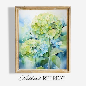 Green Hydrangea Floral Watercolor Print - Digital Hydrangea Painting - Farmhouse Decor - Instant Downloadable Wall Art