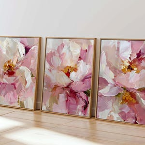 Set of 3 Pink Floral Wall Art Prints – Abstract Peony Paintings – Blush Pink Modern Flower Artwork Instant Printable Download