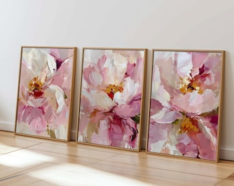 Set of 3 Pink Peony Prints: Abstract Floral Wall Art (Digital Download)