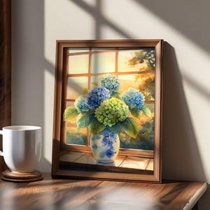 Hortensien Aquarell Fensterbilder: Blaue und grüne Fensterbilder (Digitaler Download)