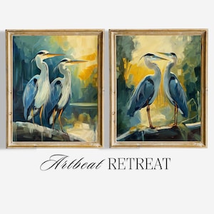 Great Blue Heron Bird Painting, Bird Artwork Set of 2, Coastal Wallart, Beach House Decor, Blue Heron  Watercolor Painting, Digital Download