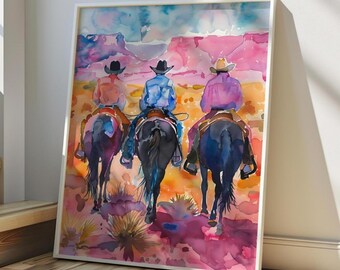 Desert Cowboy Watercolor Print: Southwestern Horseback Riders Art (Instant Download