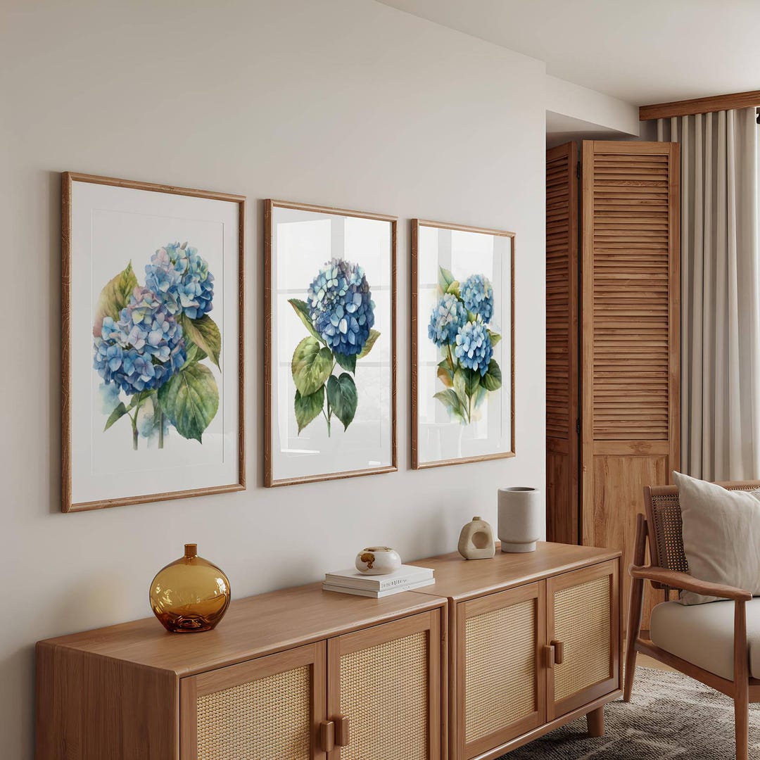 Blue Hydrangea Watercolor Print Set – Botanical Floral Art (digital ...