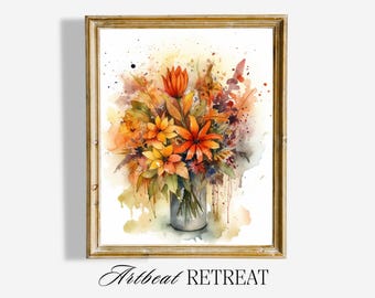 Fall Decor Printable Autumn Wall Art, Autumn Floral Digital Painting, Fall Vibes, Botanical Prints, Digital Instant Downloadable Art