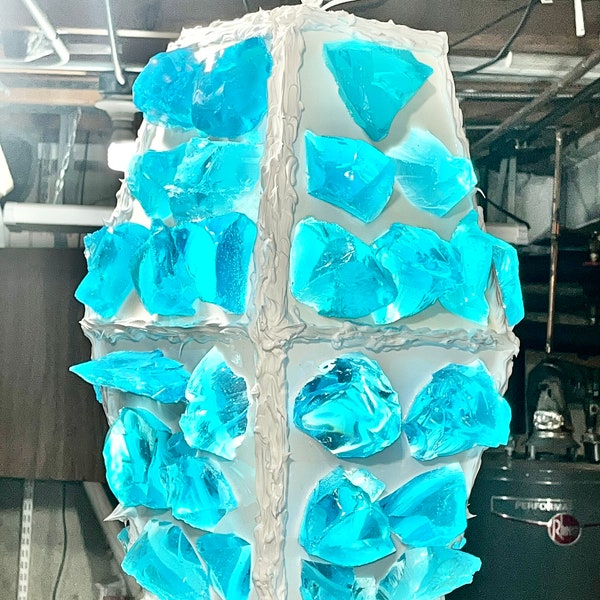 Large Pyramid 8 sided Chunk Lamp candy lamp tiki lamp mid century modern styled Ocean Blue with White Seams