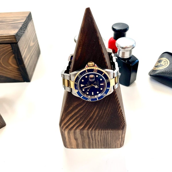 Organize Timepieces with Reclaimed Wood Watch and Bracelet Holder. Modern Rustic Color Choices. Size: 3.5" x 3.5" x 7.5".