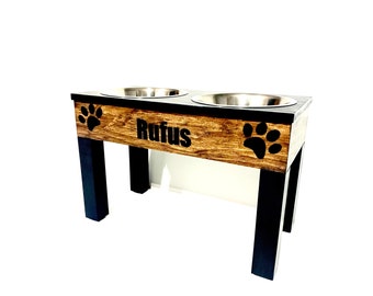 Elevated Dog Bowl Stand - Personalize - Pet Feeding Stand - Elevated Dog Feeder Farmhouse - Color and Font Options Stainless Bowls Included