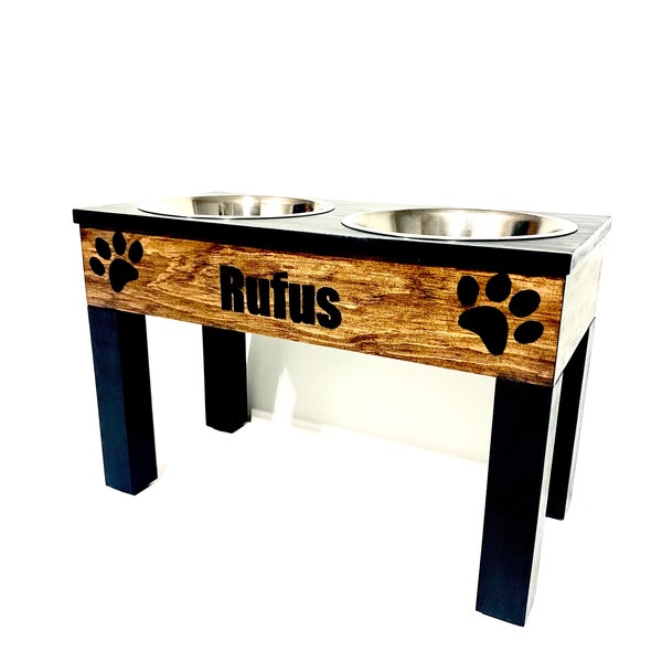 Elevated Dog Bowl Stand - Personalize - Pet Feeding Stand - Elevated Dog Feeder Farmhouse - Color and Font Options Stainless Bowls Included