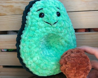 Avocado plushy; crochet avocado with removable pit; interactive toy; velvet toy; avocado amigurumi