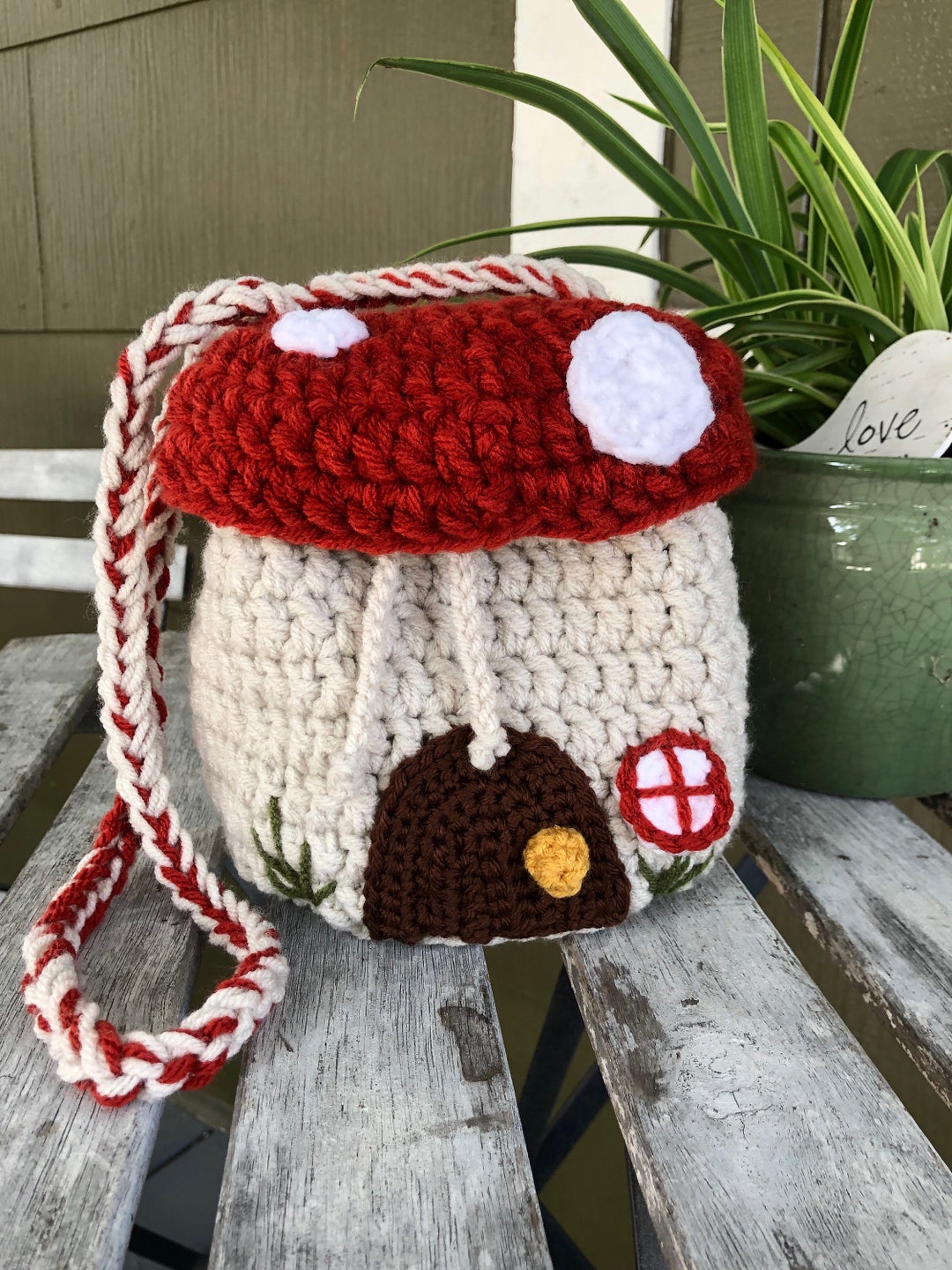 Customizable Mushroom Drawstring Bag Crocheted Fairy House Crossbody