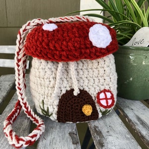 Customizable Mushroom Drawstring Bag; Crocheted Fairy House Crossbody Bag; Cottagecore Purse