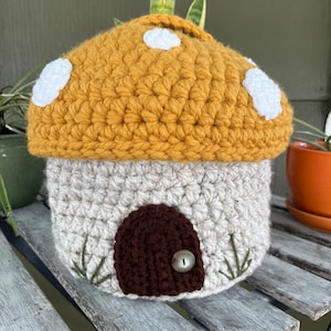Yellow Mushroom Basket with Lid; Crocheted Home Decor; Cottagecore Storage