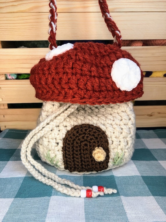 Red Mushroom Bucket Bag; Crocheted Fairy House Crossbody Bag  display picture 3