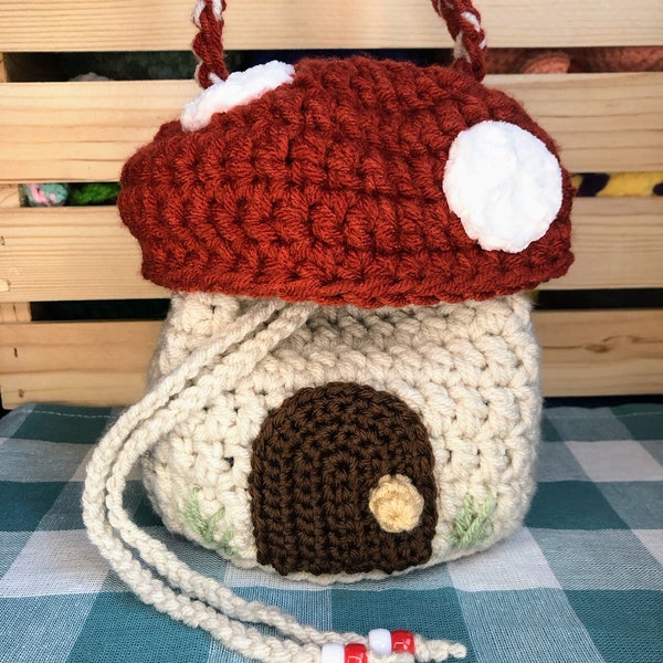 Red Mushroom Bucket Bag; Crocheted Fairy House Crossbody Bag; Cottagecore Purse