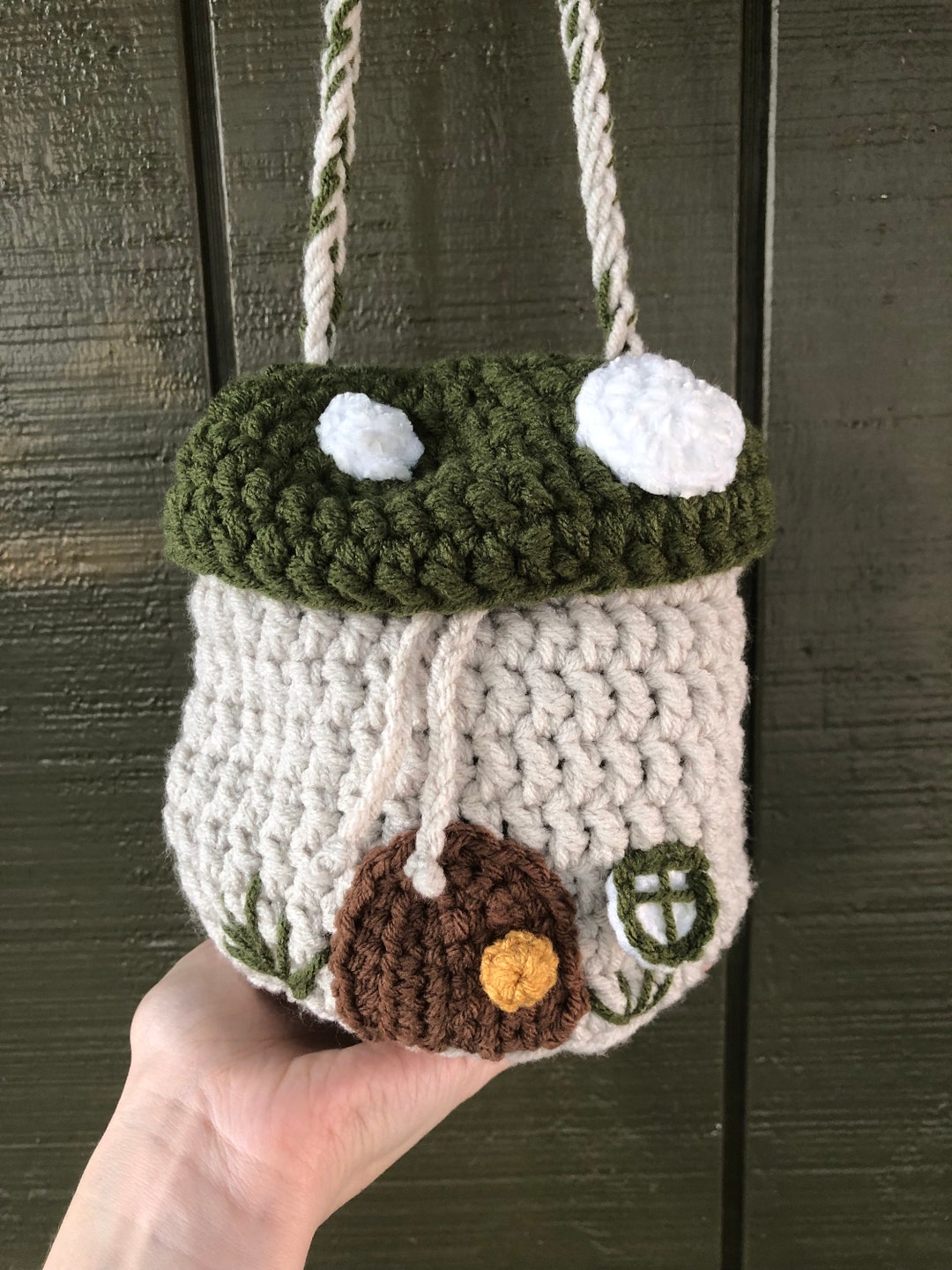 Green Mushroom Drawstring Bag Crocheted Fairy House Crossbody Bag