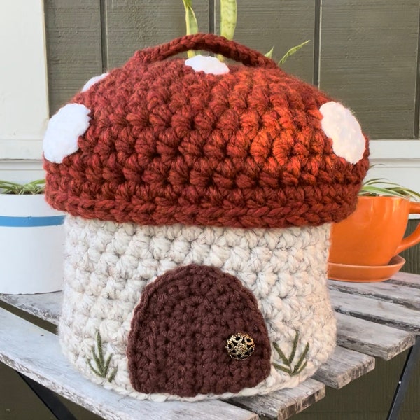 Mushroom Basket with Lid; Crocheted Home Decor; Cottagecore Storage