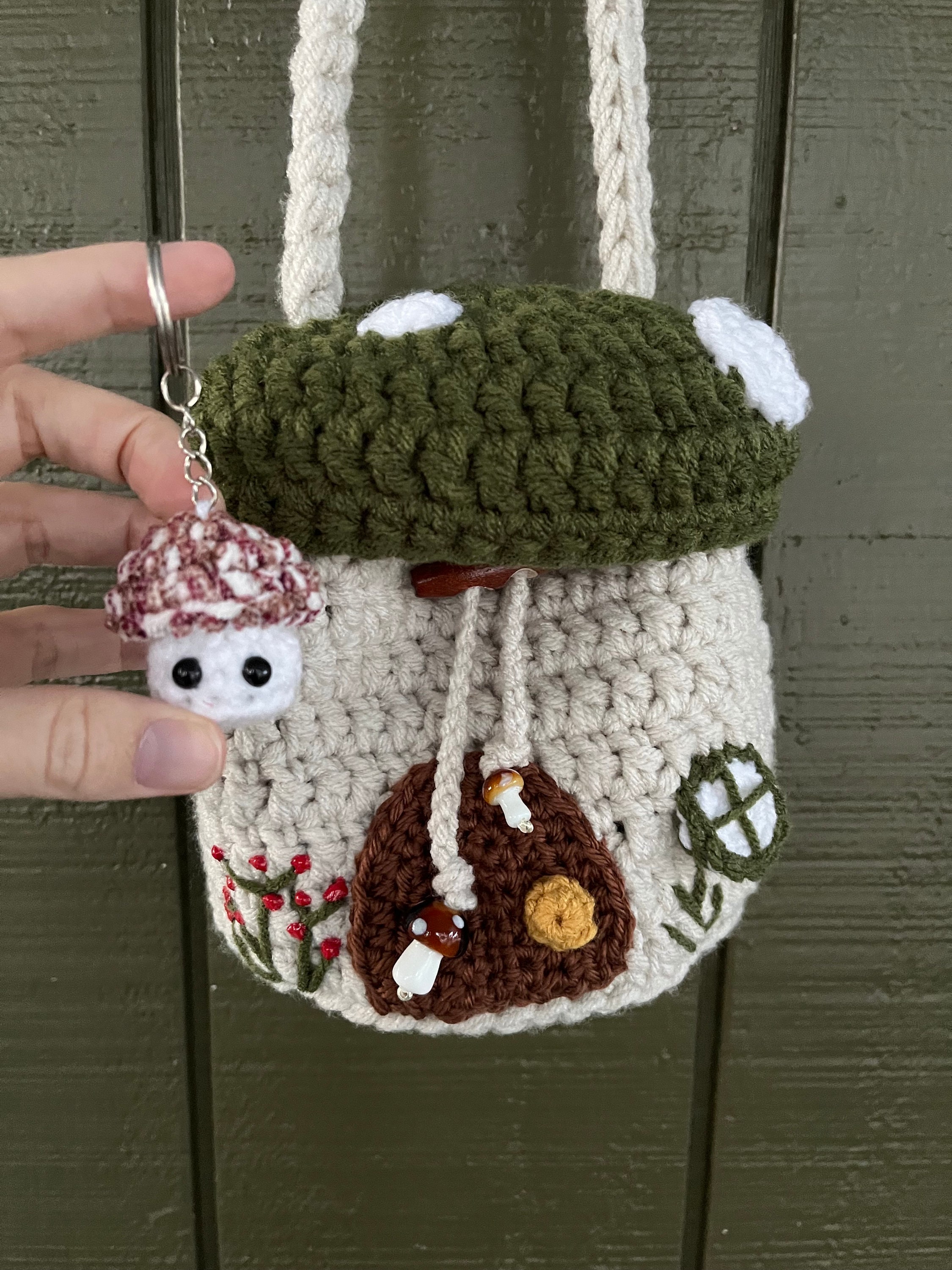 14 Mushroom Bag Crochet Patterns for Whimsical Cottagecore Style 14 Mushroom Lover Drawstring Bag + Keychain; Crocheted Fairy