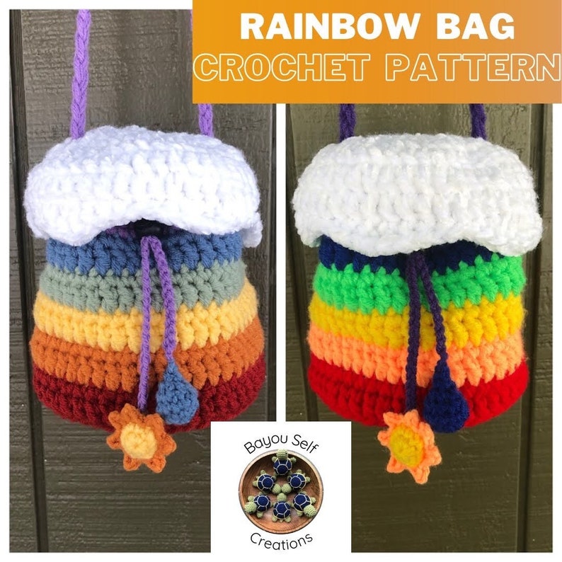 Two crochet bags hang side by side. The left has muted boho rainbow colors while the right has vivid neon colors. Each has a white cap like a cloud on top, and drawstrings with a little sun on one end and a raindrop on the other.