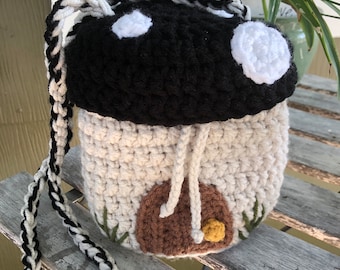 Black Mushroom Drawstring Bag; Crocheted Fairy House Crossbody Bag; Cottagecore Purse