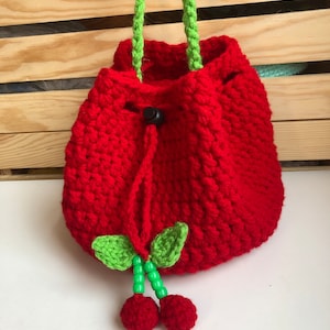 Cherry Bucket Bag; Crocheted Fruit Crossbody Bag; Handmade Cherry Purse