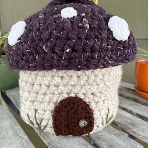 Purple Mushroom Basket with Lid; Crocheted Home Decor; Cottagecore Storage
