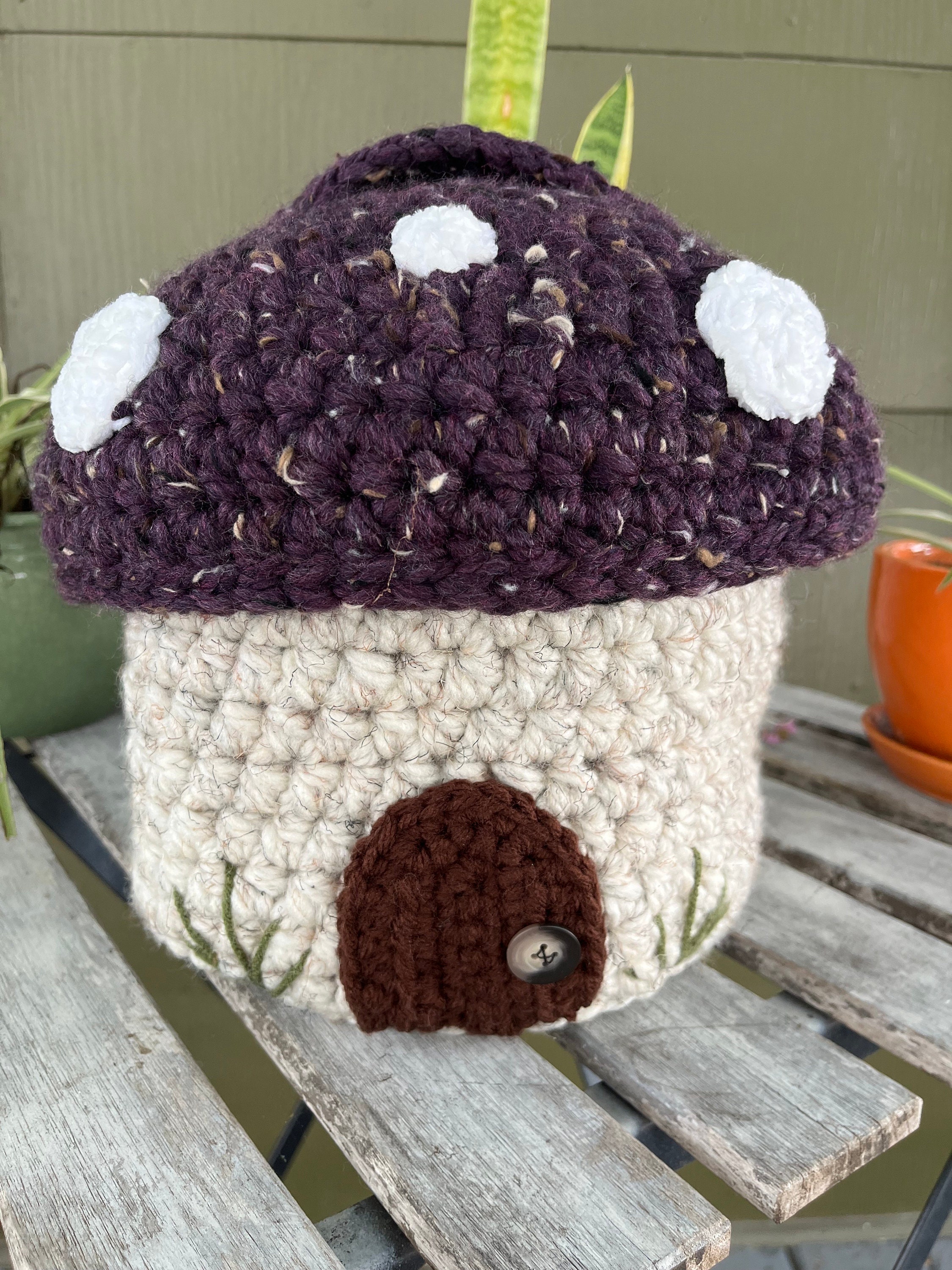 7+ Crochet Home Decor Purple Mushroom Basket With Lid; Crocheted Home Decor; Cottagecore