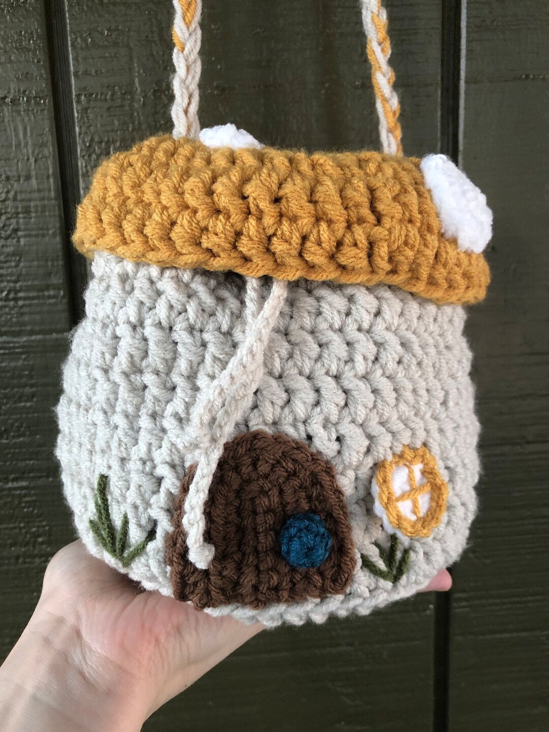Mustard Yellow Mushroom Drawstring Bag Crocheted Fairy House Crossbody