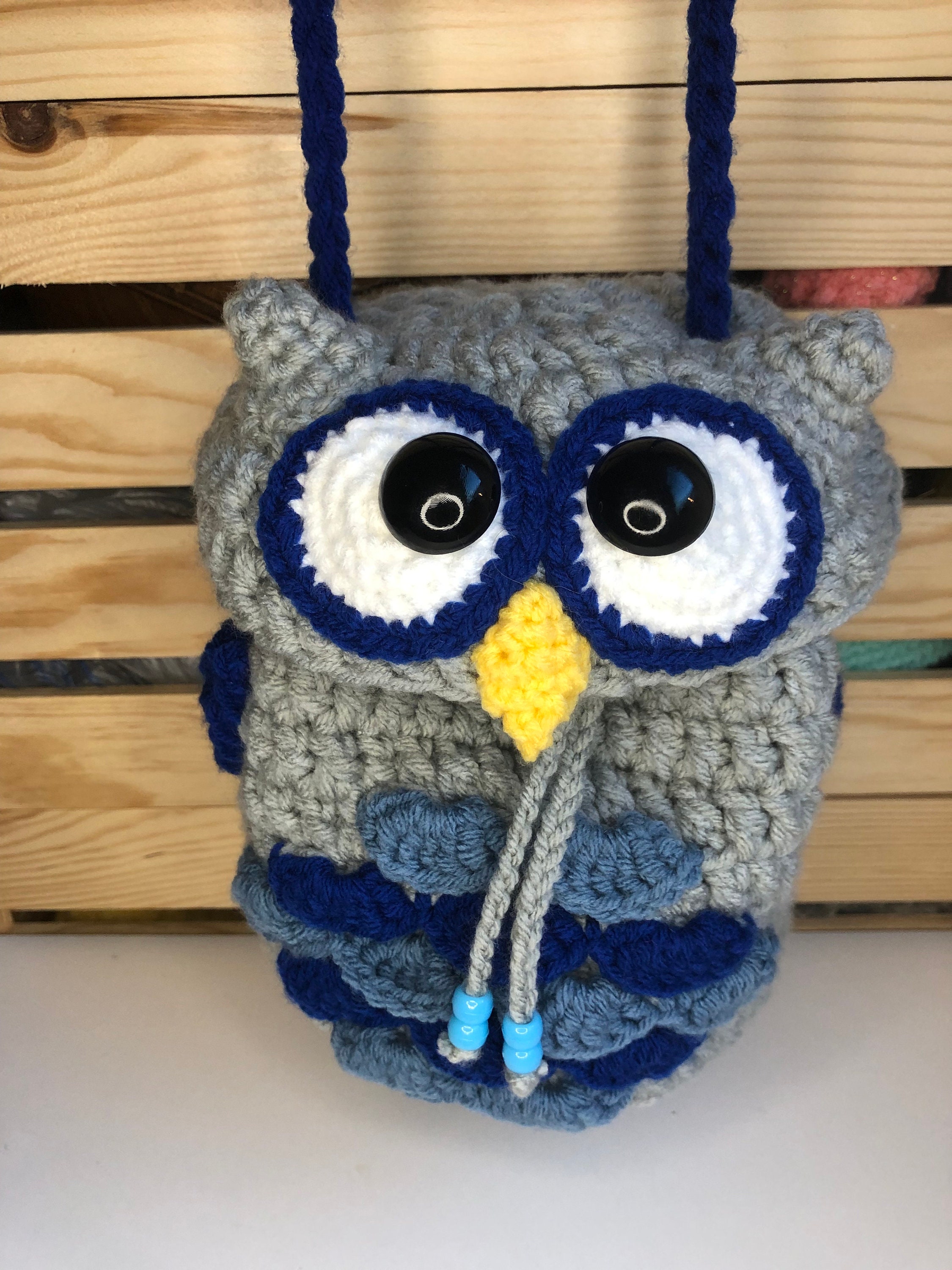 Owl Bucket Bag; Blue Crocheted Owl Crossbody Purse