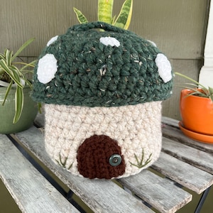 Green Mushroom Basket with Lid; Crocheted Home Decor; Cottagecore Storage