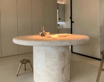 Elegancia atemporal: mesa de piedra travertino natural hecha a mano para una vida sofisticada/decoración única del hogar