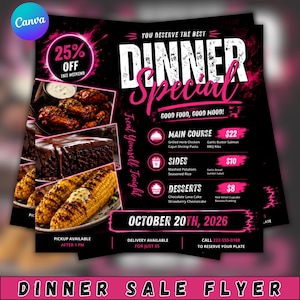 Peut inclure: Un dépliant promotionnel noir pour un dîner spécial avec des images d'ailes de poulet, de gâteau au chocolat et d'épis de maïs. Le texte inclut "25% OFF", "DINNER SPECIAL", "GOOD FOOD, GOOD MOOD!", "MAIN COURSE", "SIDES", "DESSERTS" et "OCTOBER 20TH, 2026".