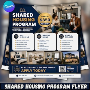 May include: A flyer for a Shared Housing Program featuring a dark blue and gold color scheme. It includes text details about monthly costs, services, and amenities, along with photographs of a bedroom, kitchen, living room, and a house exterior.