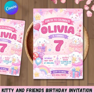 May include: A pink birthday invitation card featuring the text JOIN US TO CELEBRATE OLIVIA IS TURNING 7. The design includes white cartoon bunnies, a birthday cake, balloons, a rainbow, gift boxes, stars, and a castle graphic on a cloud background.