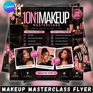 Op de afbeelding: Een promotieflyer voor een 10-in-1 make-up masterclass met zwarte en roze tekst, drie foto's van personen die make-up aanbrengen, lijsten met trainingsmodules, details over de kit en registratie-informatie op een donkere achtergrond.