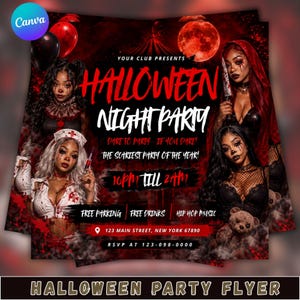 Pode incluir: Um folheto de festa de Halloween com um tema vermelho escuro e preto, lua cheia, balões e quatro pessoas fantasiadas. O texto inclui "Halloween Night Party", "Dare to party... if you dare!", "10pm till 2am" e "123 Main Street, New York 67890."