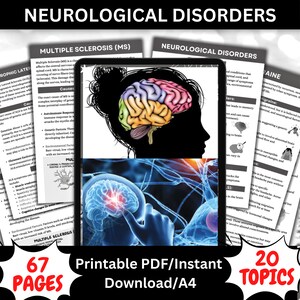 Puede incluir: Un producto de descarga digital titulado "Trastornos neurológicos" con 67 páginas y 20 temas. La imagen presenta una colorida ilustración del cerebro y texto sobre la esclerosis múltiple. El producto es un PDF imprimible.