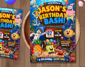 Pode incluir: Um convite de aniversário retangular com personagens do Bob Esponja debaixo d'água. O texto diz: JASON'S BIRTHDAY BASH! SATURDAY 22 MARCH 3:00 PM TO 6:00 PM JASON'S HOUSE 123 OCEAN DRIVE CORAL CITY, CA COME READY TO HAVE A SPLASHING GOOD TIME!