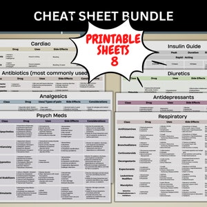 Könnte beinhalten: Ein Bundle von acht druckbaren Spickzetteln mit medizinischen Informationen. Die Blätter behandeln Themen wie Herzmedikamente, Antibiotika, Schmerzmittel, Psychopharmaka, Insulin, Diuretika, Antidepressiva und Atemwegserkrankungen. Der Titel "CHEAT SHEET BUNDLE" steht oben.