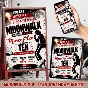 May include: A birthday invitation design featuring a black, white, and red color scheme with a silhouette of a dancer in a fedora. The text reads: You are invited to a Legendary Moonwalk, Marcus Lee is turning ten, Sunday August 9, 2026.