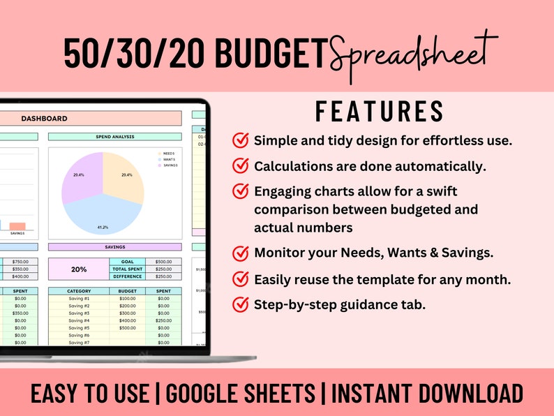 50/30/20 Monthly Budget Template Google Sheets Budget Etsy UK