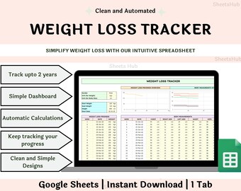 Plantilla de hoja de Google para pérdida de peso, rastreador de peso, hoja de cálculo de seguimiento de peso, registro de peso semanal, planificador de pérdida de peso, fitness de motivación