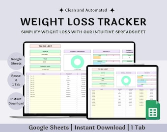 Weight Loss Tracker Google sheet, Weight Tracker, Weight Loss & Fitness Tracker Spreadsheet, Digital Meal Planner, Workout, Activity Log