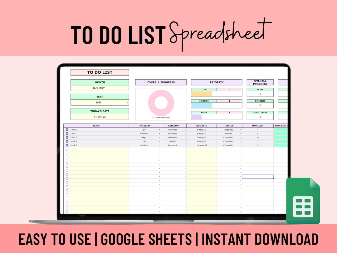 Weekly & Daily To-do List Task Tracker Spreadsheet Google Sheets Excel ...