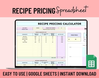 Recipe cost calculator, Order profit calculator, Baking price calculator, Food cost calculator, Ingredients formula, Excel, Google sheets