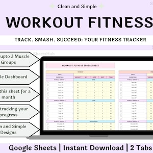 May include: A pink and blue digital spreadsheet template for tracking workout fitness progress. The template is titled "Workout Fitness Spreadsheet" and has two tabs, "Monday" and "Tuesday". The spreadsheet is designed to track exercises, weight, sets, reps, rest, and time. The template is available for instant download on Google Sheets.