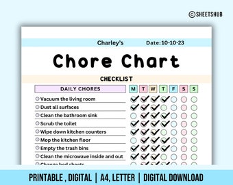 Printable Chore Chart for Kids | Kids Chore List | Kids Daily Routine Checklist | Instant Download