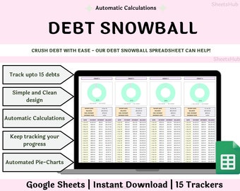 Modello di foglio di calcolo Palla di neve di debito, Fogli Google Palla di neve di debito, Tracker di rimborso del debito, Calcolatore di palla di neve di debito, Tracker di debito