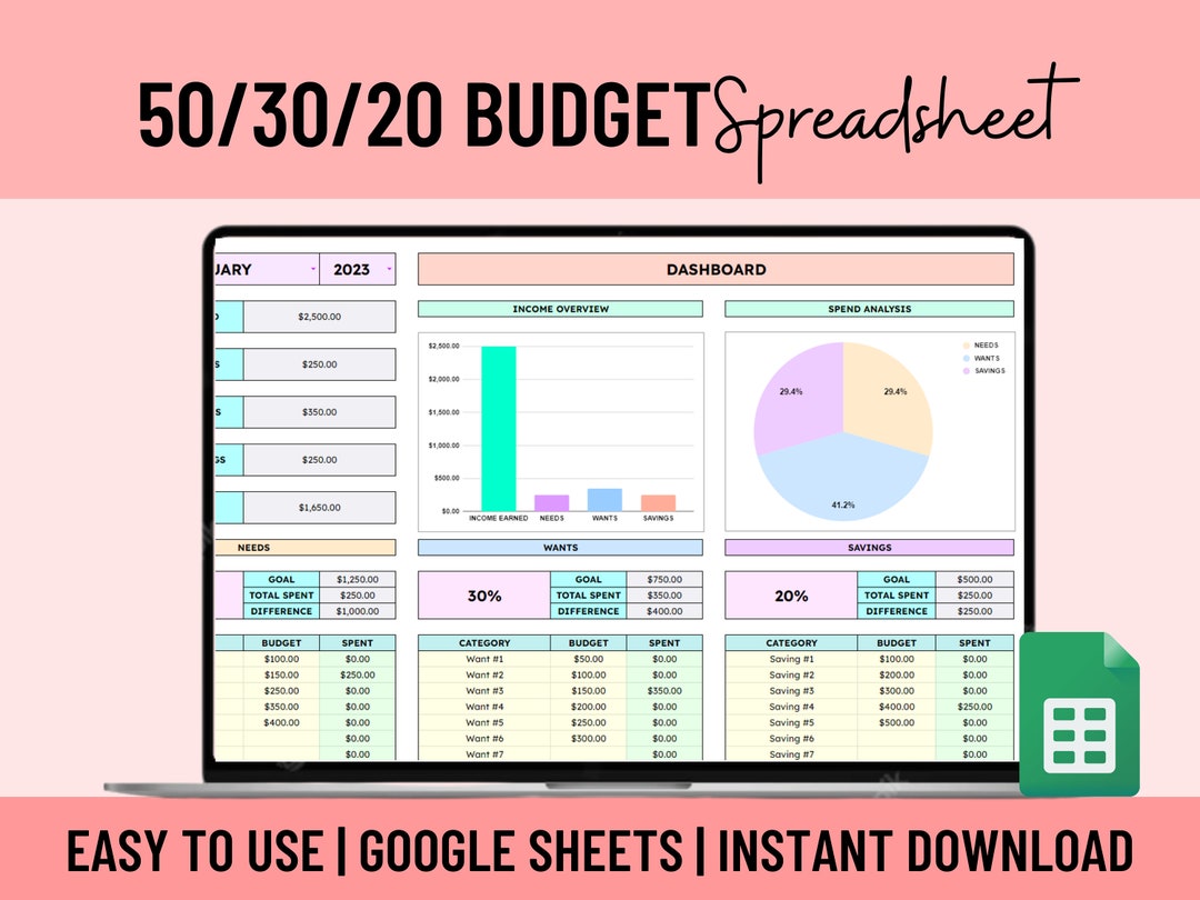 50/30/20 Monthly Budget Template | Google Sheets Budget Spreadsheet ...